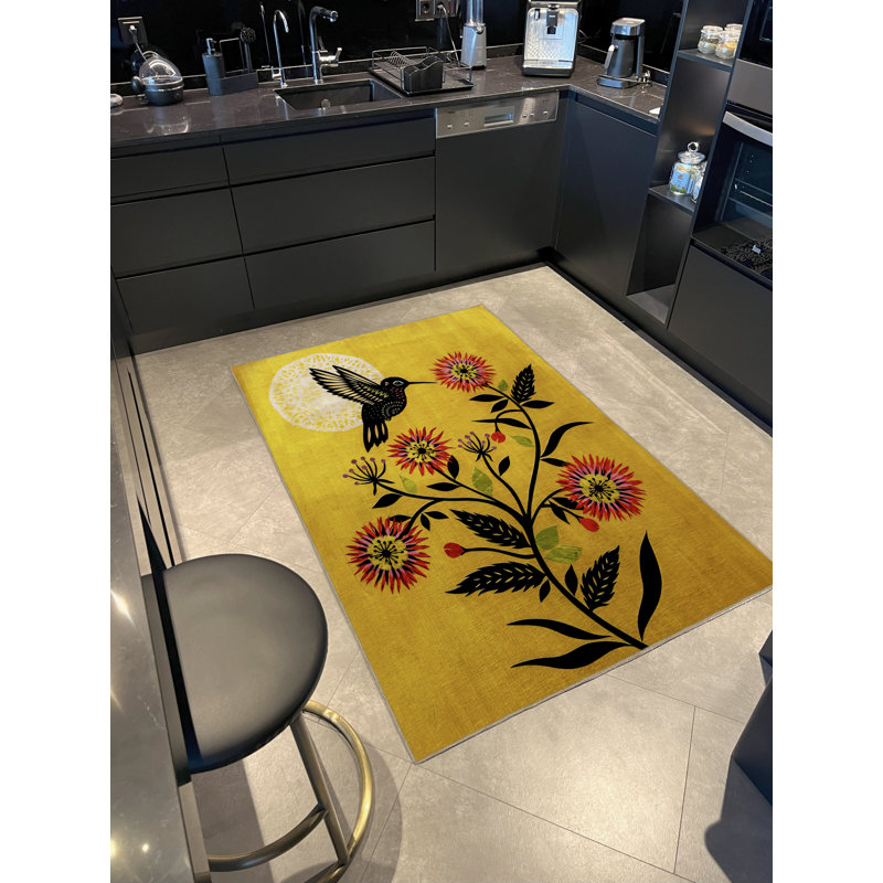 Tapis décoratif moderne jaune et jaune, Rectangle 4 pi 7 po x 6 pi 7 po