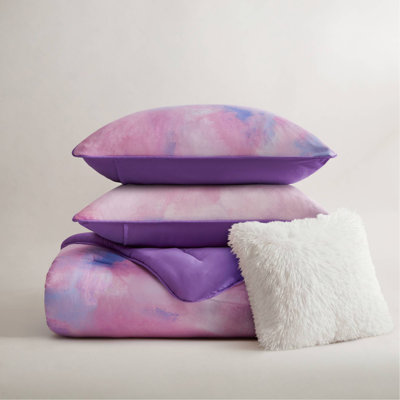 4 Pieces King/Cal King Watercolor Tie Dye Printed Comforter Set with Throw Pillow,Purple