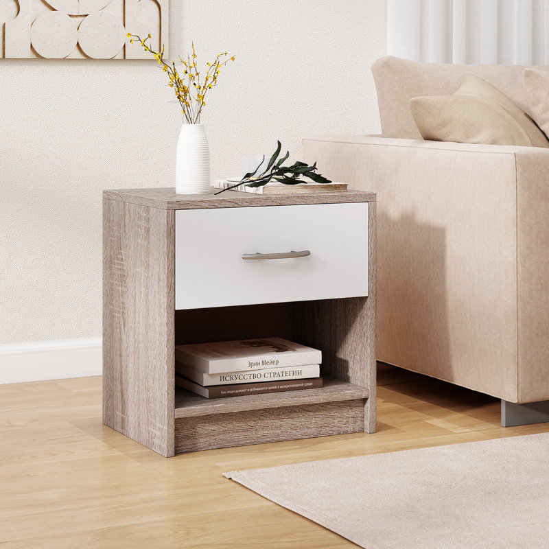 2 tables de chevet avec table d'appoint et tablette de rangement coulissante, Gris clair / blanc