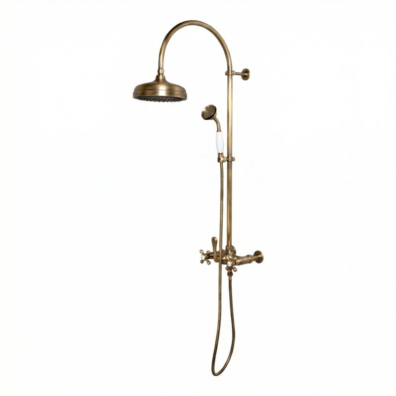 Exposed Shower System 36" Wall Mounted with 7" Center, Handshower & Lever/Cross Handles, Unlacquered Raw Brass