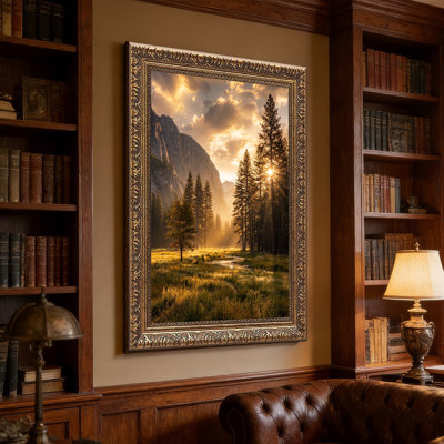 «Golden Sunlit Mountain Valley Pine Trees Stream», art mural