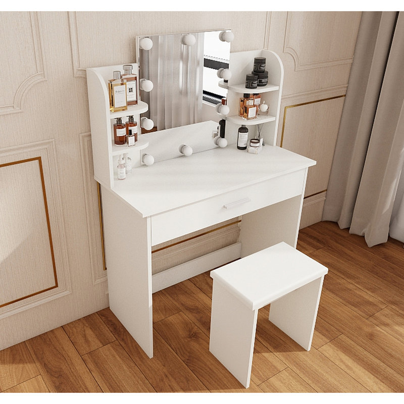 Vanity Table With One Drawer, Adjustable Mirror, Ample Open Shelves, Comfortable Stool, Modern Design, Ancient White, Particle Board + , 48.12 In Height Drawer Mirror Table, Storage, Matching Elegant