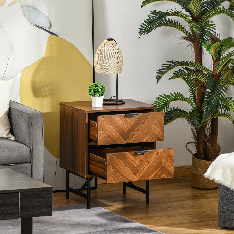 Commode à tiroirs Foundry Select, organisateur de rangement avec 2 tiroirs, poignée cachée pour la chambre à coucher, salon, motif à chevrons, brun noyer