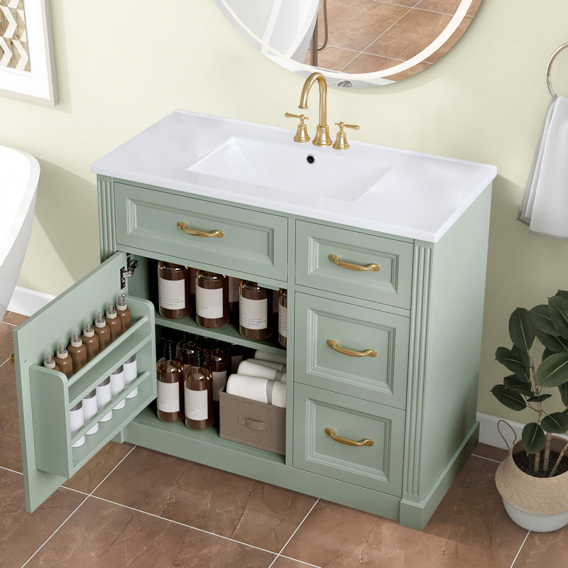 Meuble-lavabo moderne 36 "avec lavabo en céramique, Vert, Doré