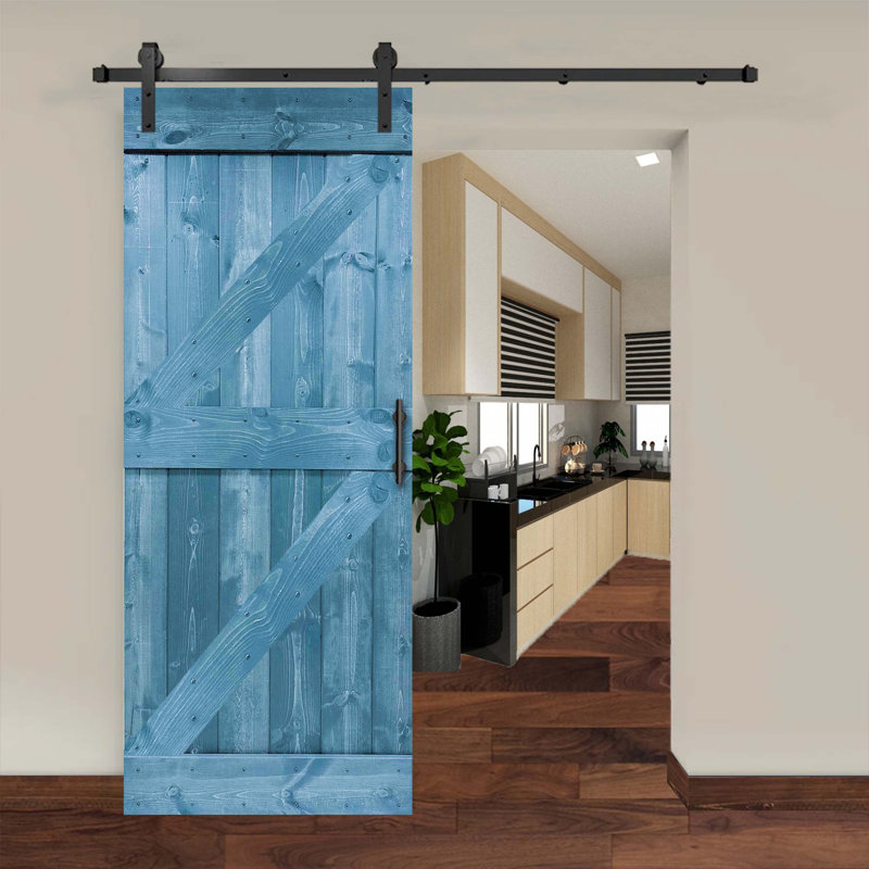 Porte de grange coulissante en bois de pin avec trousse de quincaillerie d'installation, 20 po x 84 po, Bleu marine