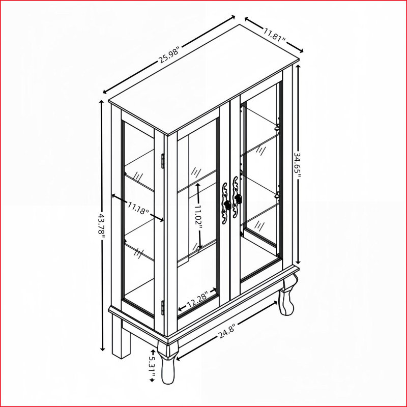 Vitrine avec 2 portes en verre trempé et miroir (ampoule incluse) à miroir Tablettes réglables, cerisier | Traditionnel | Salon