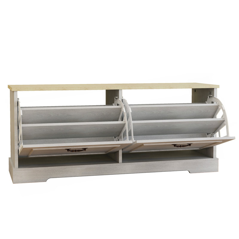 Banc de rangement pour chaussures avec 2 tiroirs rabattables et tablette réglable pour le vestibule, le couloir et la chambre - blanc antique