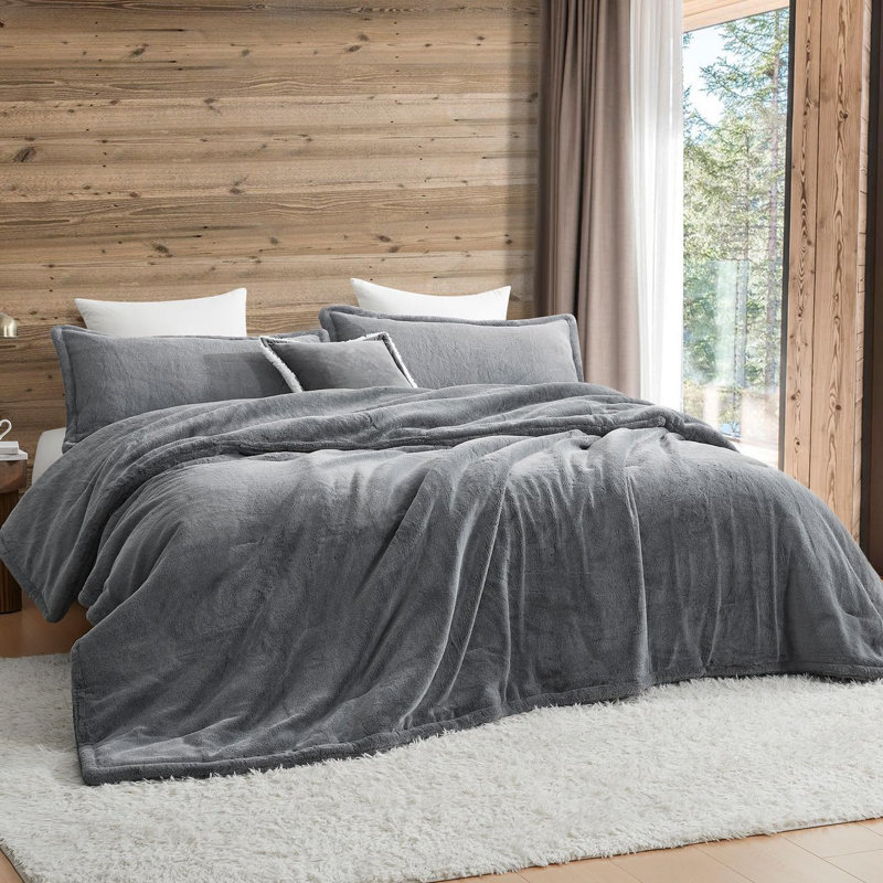 Ensemble d'édredon en fausse fourrure Coma, Édredon grand + 2 taies décoratives standard / g, Gris
