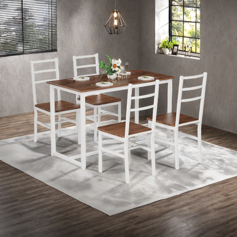 Ensemble de table et de chaises cinq pièces avec dossier, style industriel, structure solide, Brun, Blanc, Brun