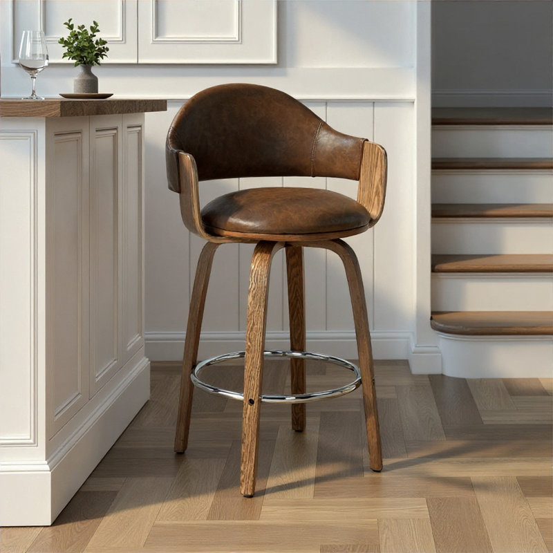 Daxton Mid-Century Swivel Bar & Counter Stool With Curved Back, Upholstered Seat, And Wood Frame, Tundra, Mocha Haven, 77cm
