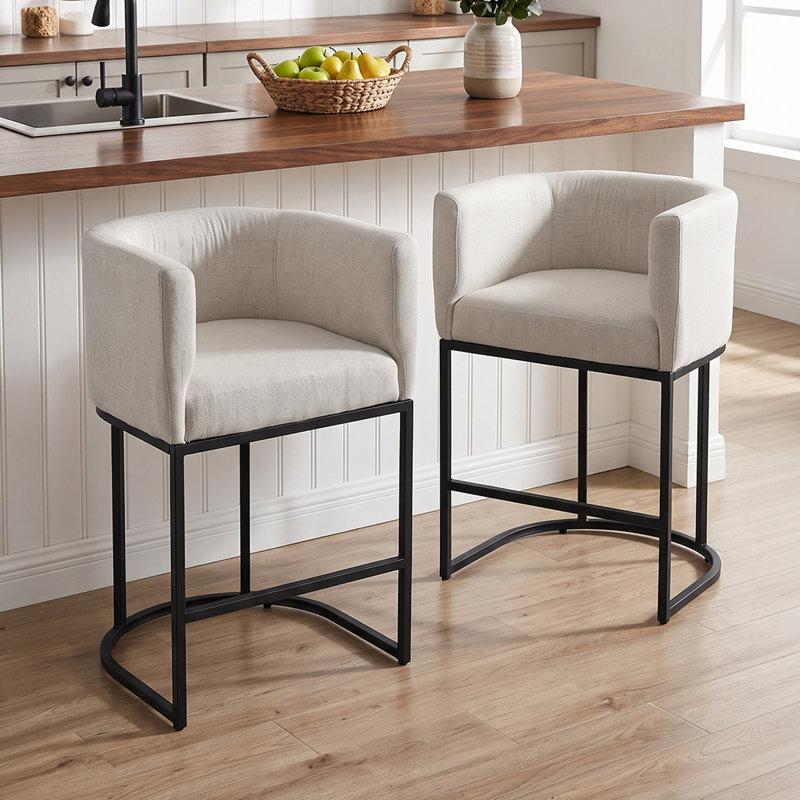 Upholstered Bar Stool with Iron Frame, Beige / Black