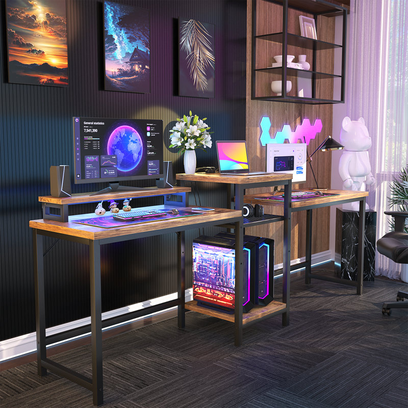 Rectangle Double Computer Desk with LED Strip and Power Outlet, Brown/Black