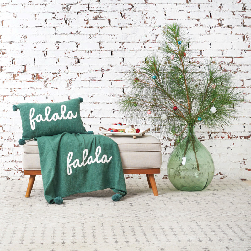 Green and White Cotton Holiday Throw Pillow with Pompoms