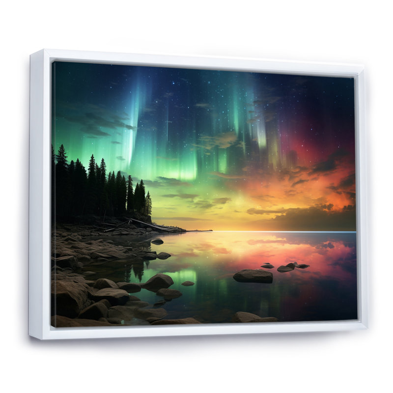 «Magical Lake Landscape Aurora Borealis», reproduction sur toile, H 30 po x l 40 po x P 1,5 po, Cadre flottant blanc