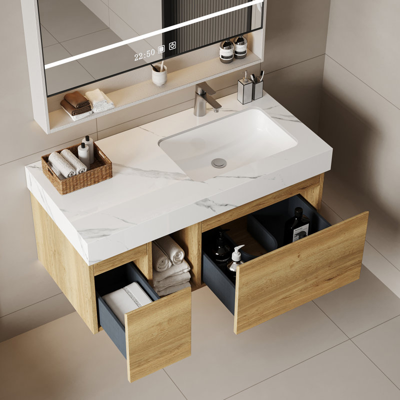 Meuble-lavabo mural simple 47,6 po avec 2 tiroirs flottants modernes en bois massif, Blanc, Retro, 36"