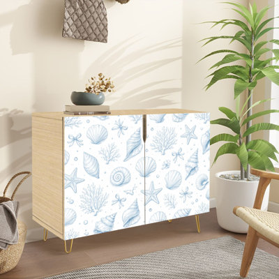 Sideboard Buffet Cabinet with Storage Seashell Blue Coastal Line Art Starfish Coral Nautical with 2 Doors for Living Room and Kitchen