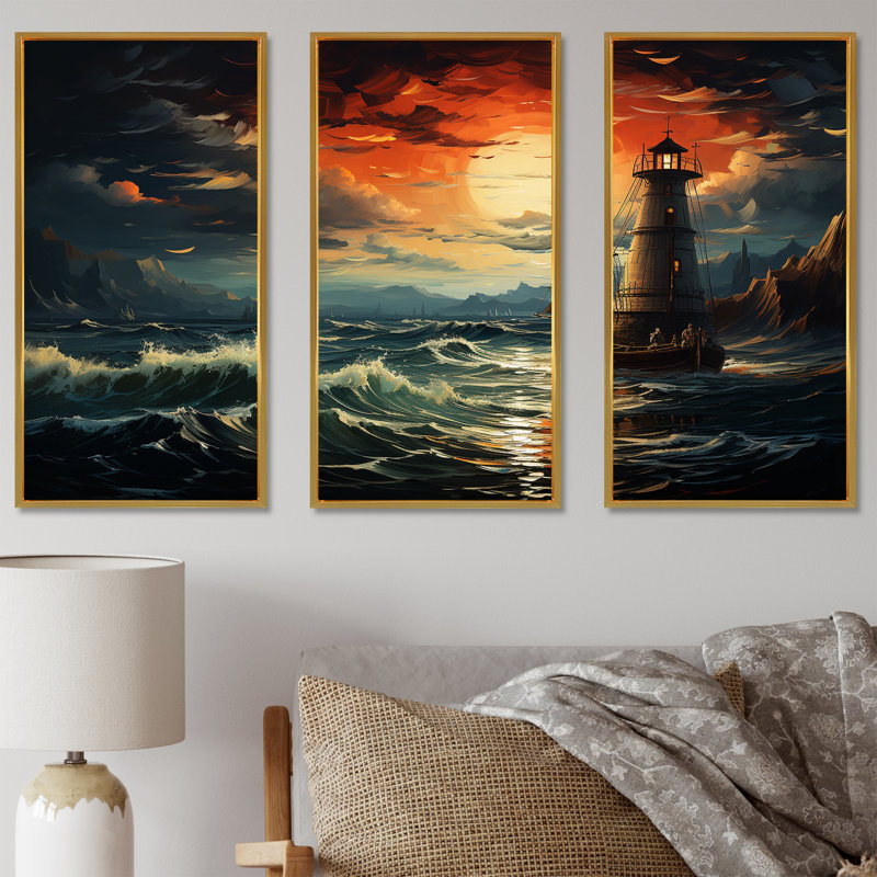 Phare de la mer orageuse 4 - art mural phares, H 28 po x l 36 po, Cadre flottant doré