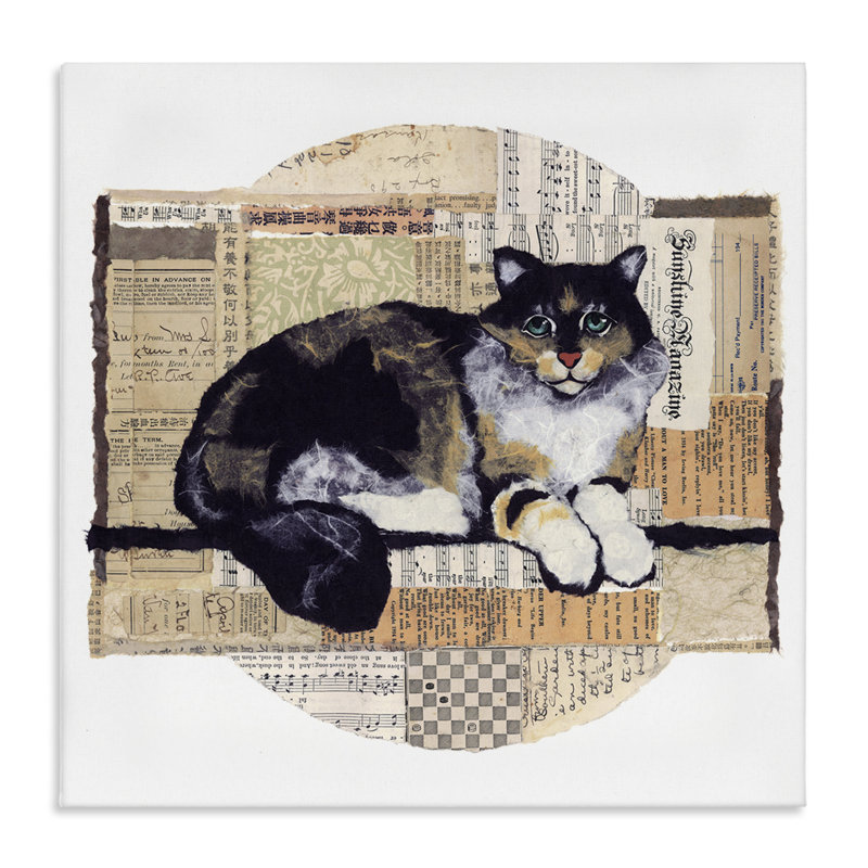 Chat avec collage rétro, art mural par Nancy Overton, H 17 po x l 17 po