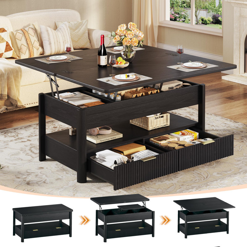 4 In 1 Lift Top Coffee Table With Hidden Storage And Drawers, Black