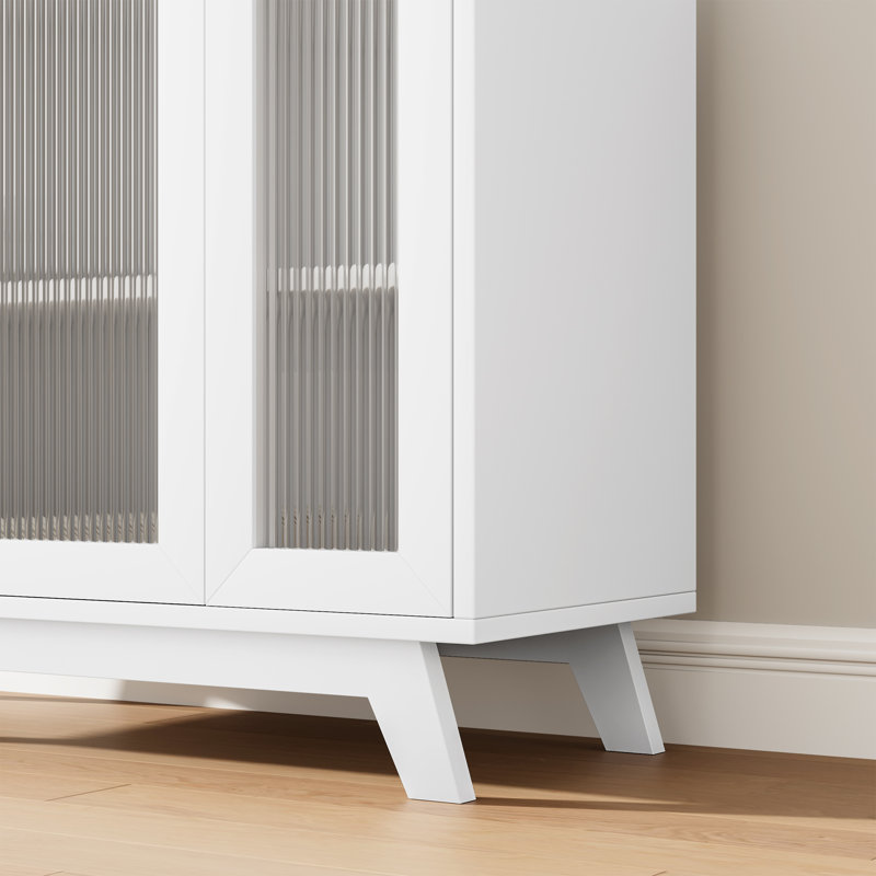 36" Sideboard Buffet Cabinet With Fluted Glass Door, Storage Cabinet With 2-tier Storage, Wood/White