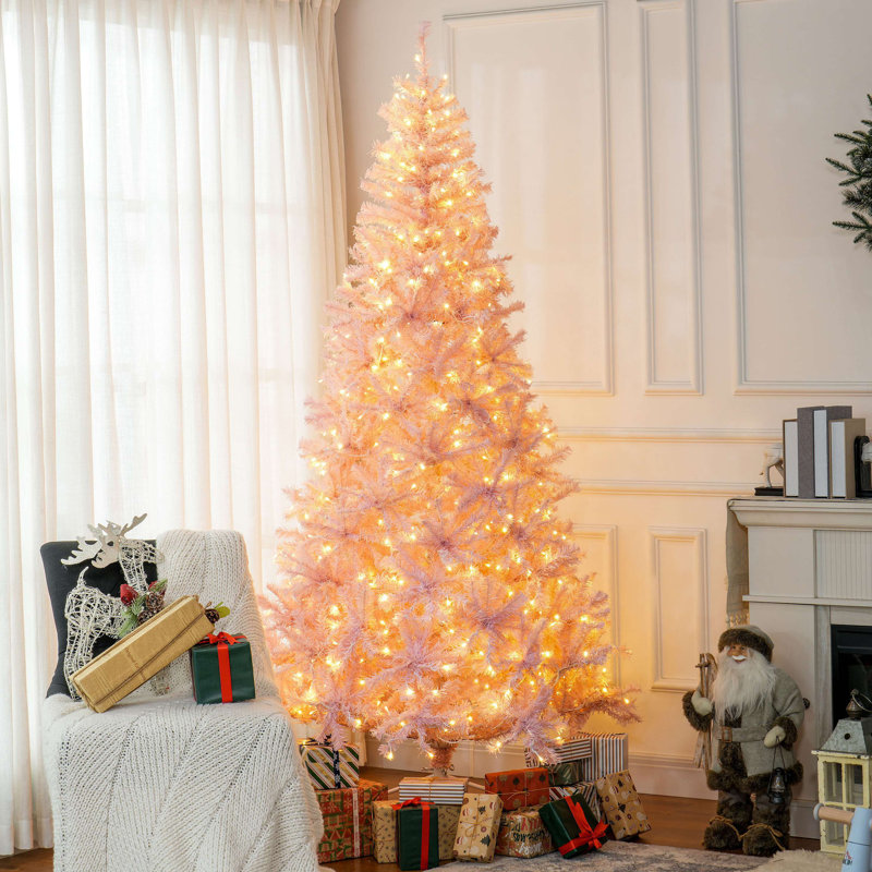 Sapin de Noël artificiel 7,5 pi avec branches réalistes, 500 lumières DEL blanc chaud et 1346 pointes, H 7 pi 4 po, Rose, Oui