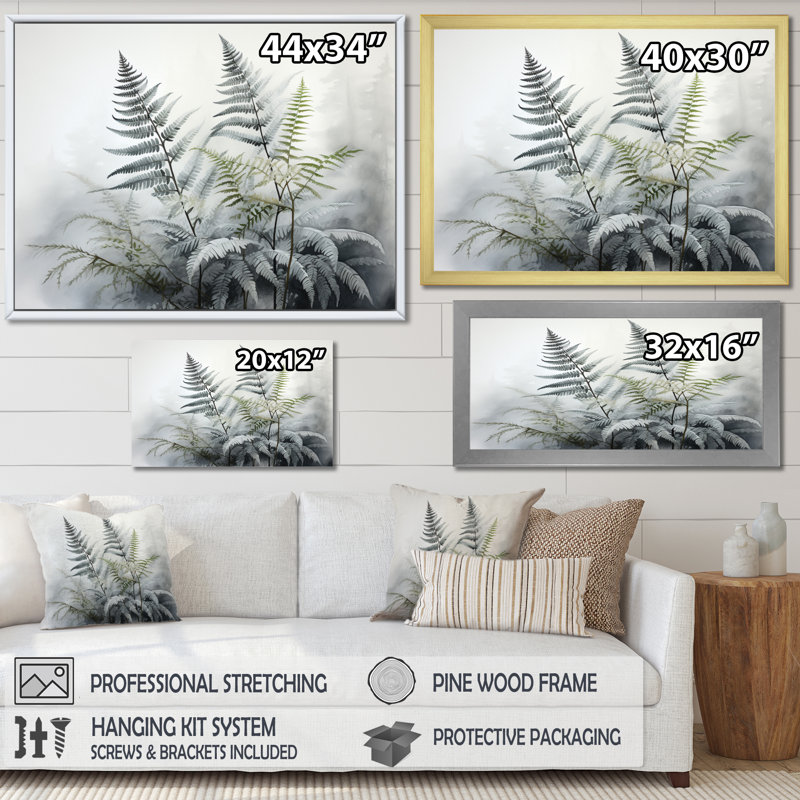 Ferns Silver Whispers III - impression, 34" H x 44" W, Cadre flottant blanc