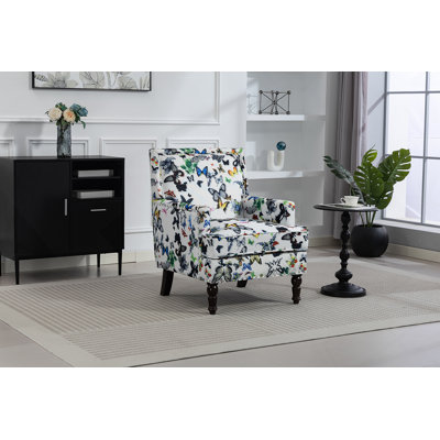 Upholstered Accent Chair, Vintage Armchair With Butterfly  Linen Fabric And Nailhead Trim For Living Room