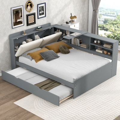 Wood Full Size Platform Bed With Trundle, Shelves And Storage Headboard