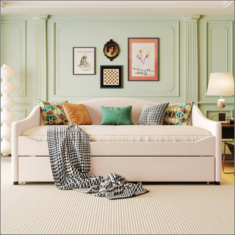 Charming Teddy Fleece Upholstered Daybed With Trundle And Artistic Design, Perfect For Relaxation And Sleepovers.