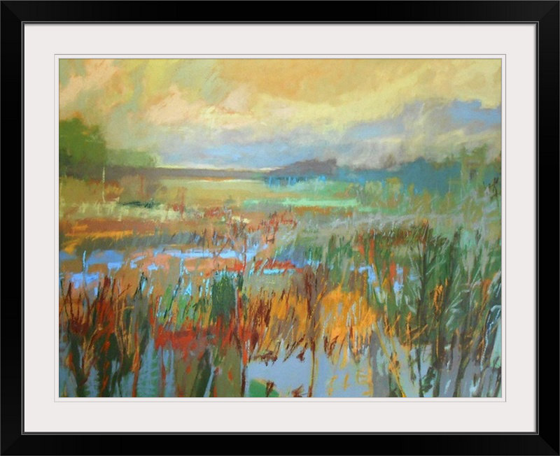 «Marsh in May» par Jane Schmidt, reproduction d'art, H 26 po x l 32 po x P 1 po, Cadre noir