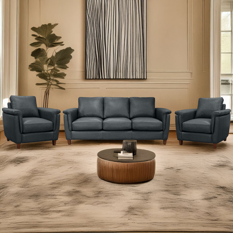 Ensemble de salon en cuir véritable Rambrij, Cobalt; cobalt, 1 canapé et 2 chaises