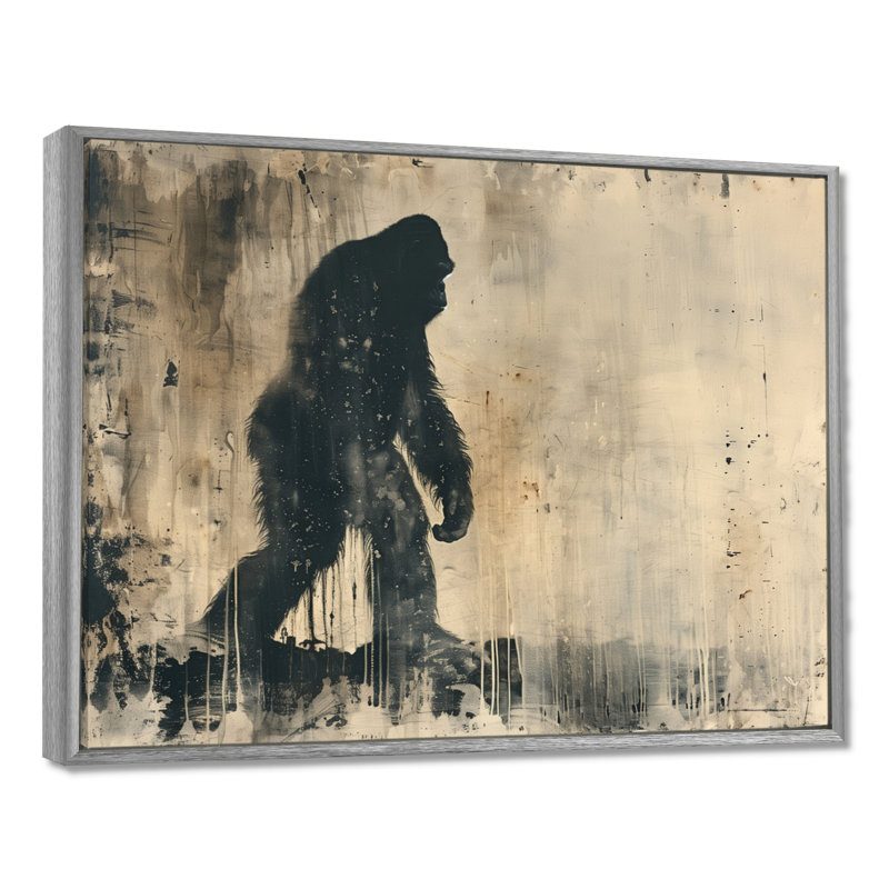 «Black Beige Shadow Silhouette Bigfoot», impression d'art mural Bigfoot, Toile argentée avec cadre flottant