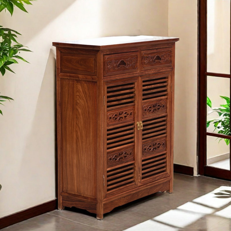 Armoire à chaussures à 2 portes en bois de rose chinois classique pour 12 paires de rangement à chaussures