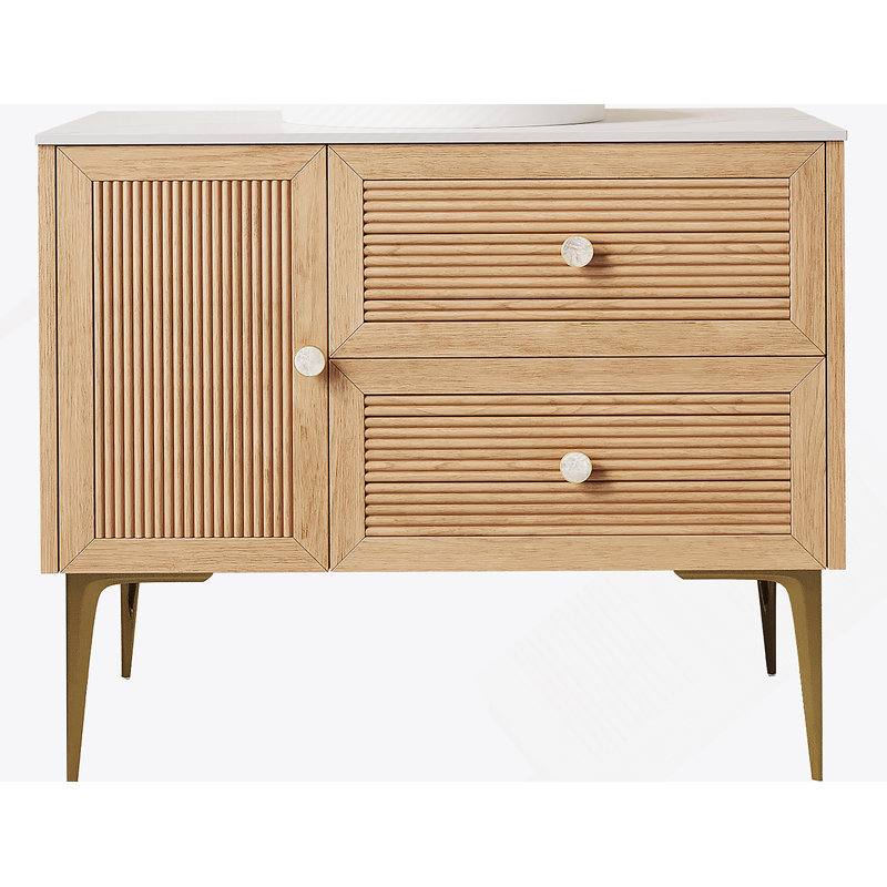 Armoire de salle de bain autoportante 36 po avec comptoir en pierre frittée blanc de Carrare, deux tiroirs et une porte (PAS de lavabo)