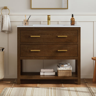 36" Walnut Single Sink Bathroom Vanity with Solid Surface Composite Top