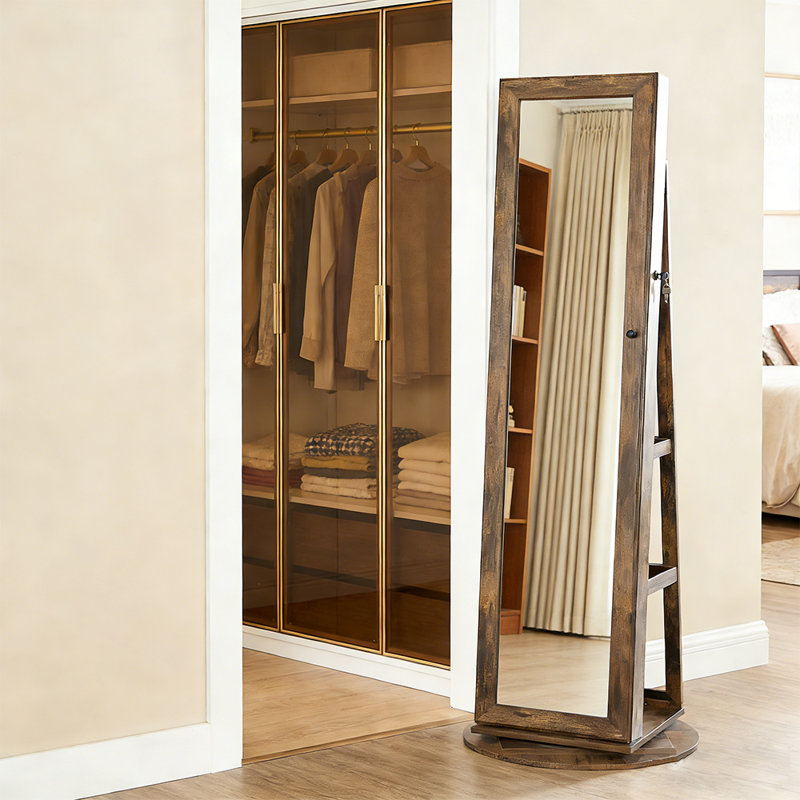 Full-Length Mirror With 360° Swivel Jewelry Cabinet, Lockable Jewelry Organizer ， Rear Storage Shelves，Bedroom ，Living Room, Entryway，Cloakroom