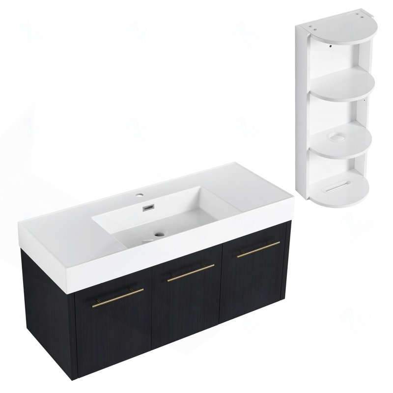 Meuble-lavabo mural 48 po avec lavabo et support de rangement, cuve en résine à bords épais