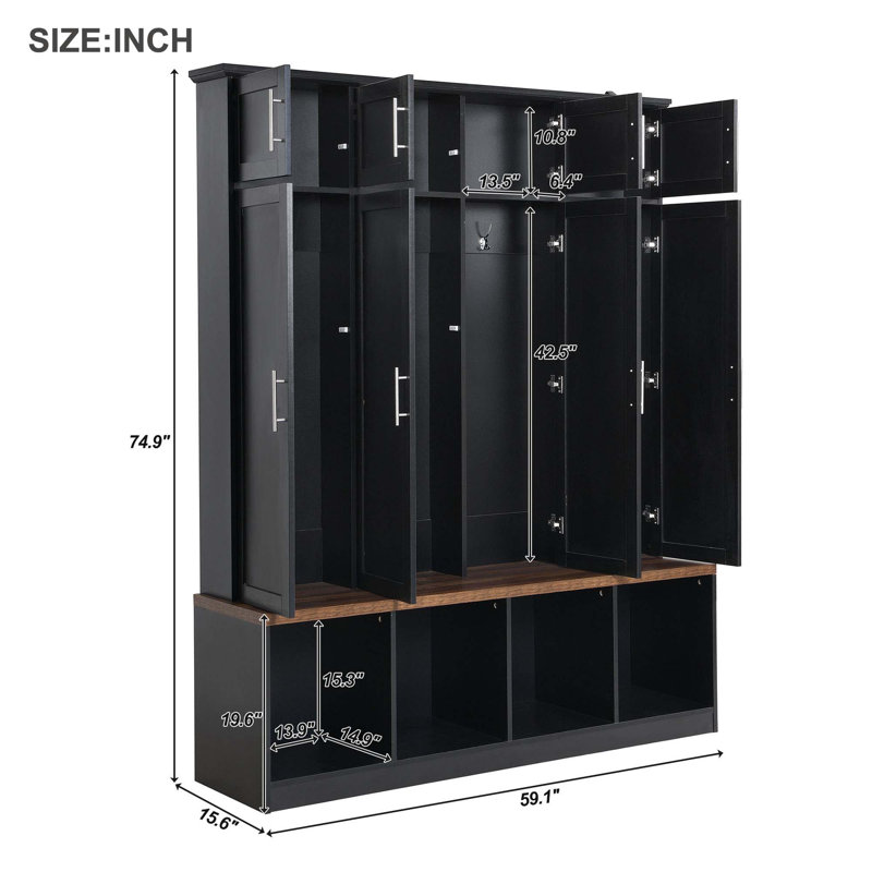 Multi-Functional Hall Tree With 4 Hidden Hanging Hooks, Wood Grain Bench With Multiple Storage Space, Entryway Cabinet With Open Compartments For Living Room, Hallway