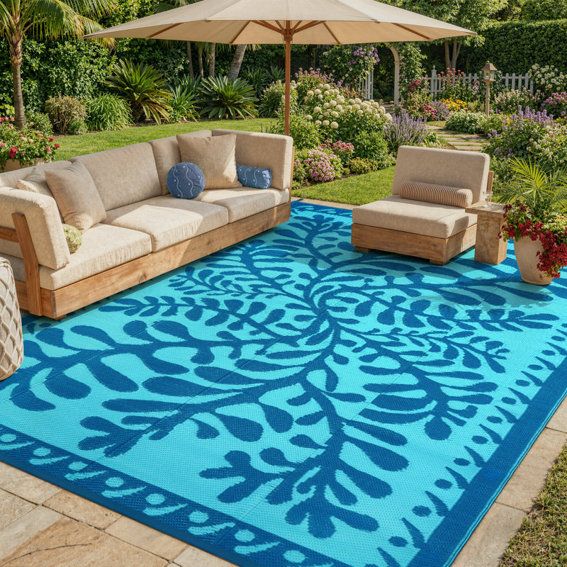 Reversible Waterproof Plastic Straw Outdoor Area Rug for Patio, Camping, Beach,RV & Pool Deck, Blue, Rectangle 9' x 12'