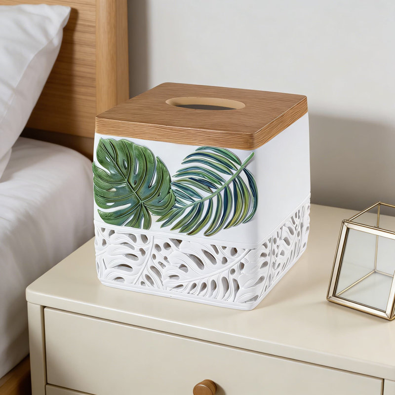 Couvercle de boîte à mouchoirs en résine pour comptoir de salle de bain, décoration intérieure peinte à la main avec feuille de palmier tropical, accessoire moderne sans danger pour les aliments
