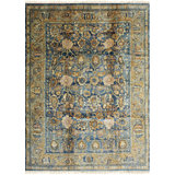 Blue Hand-Knotted Wool Faded Floral Bloom Geometric Modern Contemporary Carpet Rug