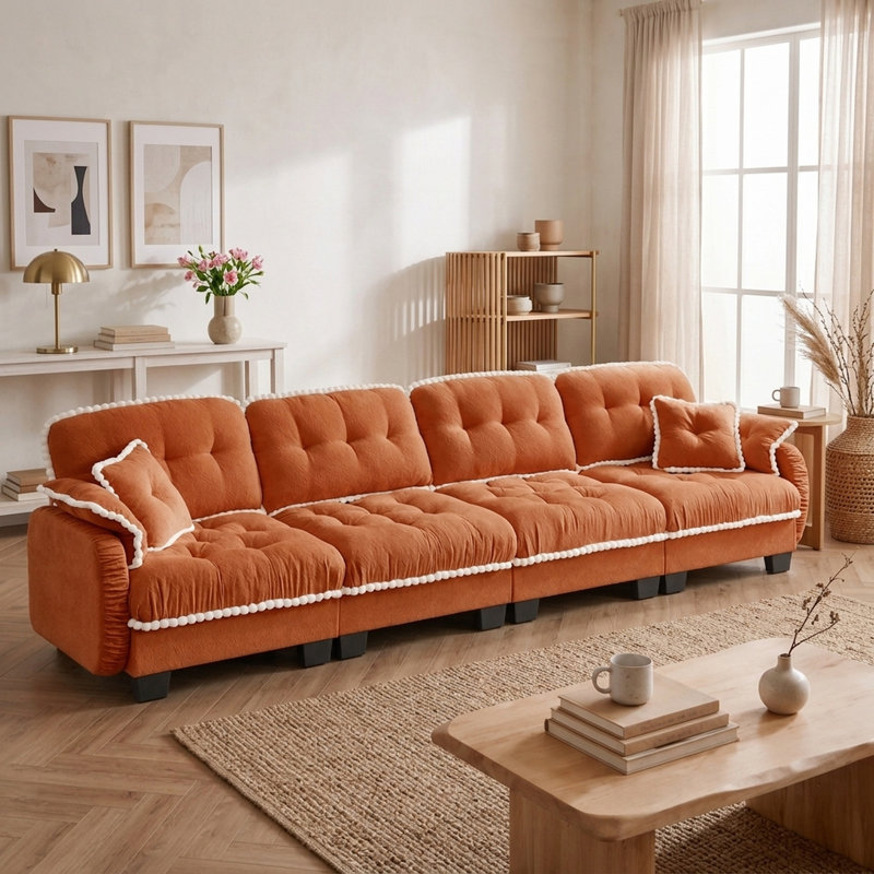 Canapé en chenille orange matelassé à 4 places avec 4 coussins de 131 po