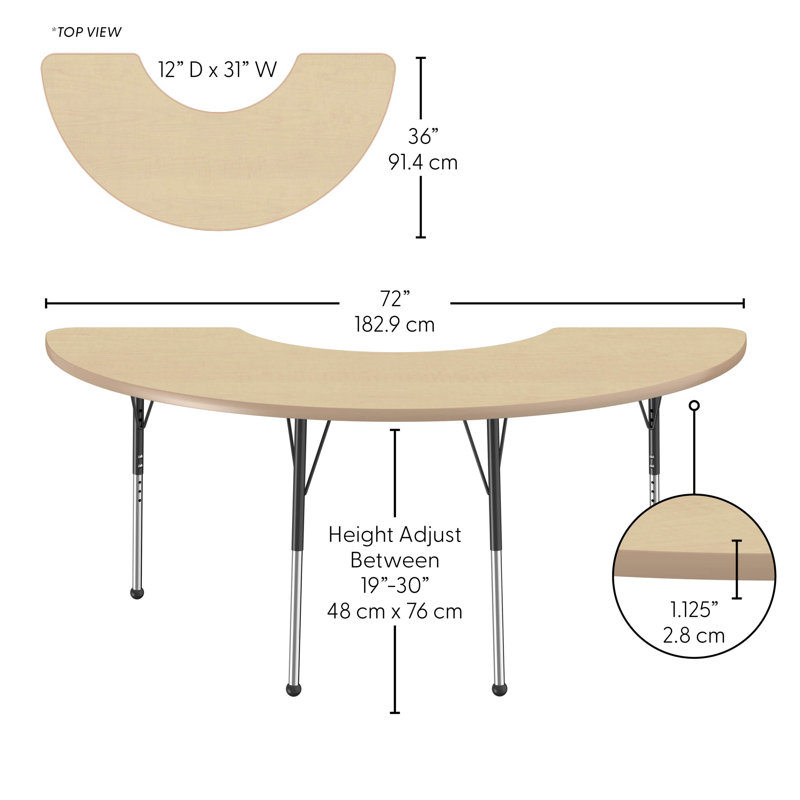 Table d'activité 36 "x 72" en demi-lune thermofusionnée avec pieds réglables à glissière standard - érable / érable / noir