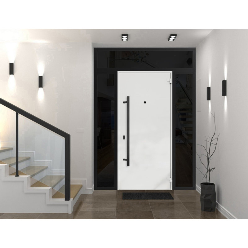Front Exterior Prehung Steel Door Deux 6678 Natural Oak 2 Side and Top Exterior Window Sidelite Entry Metal Modern Painted W16+36+16 x H80+16 Left hand Inswing