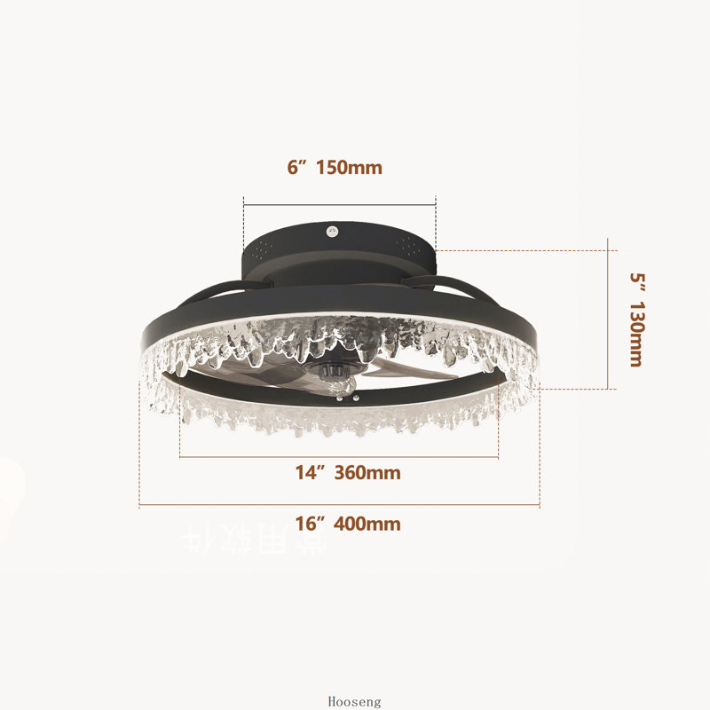 Ventilateur de plafond noir intelligent 16 pouces avec lumière, lustre encastré à DEL avec 5 pales invisibles, télécommande, minuterie et éclairage à intensité variable