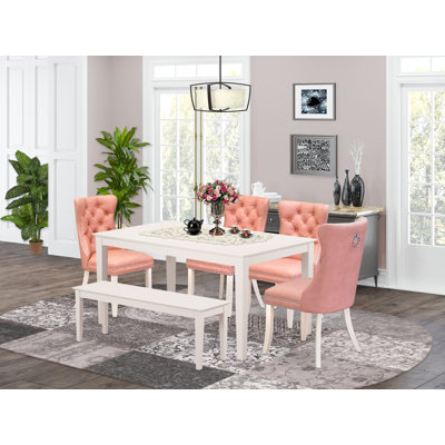  6 Piece Dining Set Includes a Rectangle Kitchen Table and 4 Polyester Fabric Upholstered Chairs with a Bench, linen white