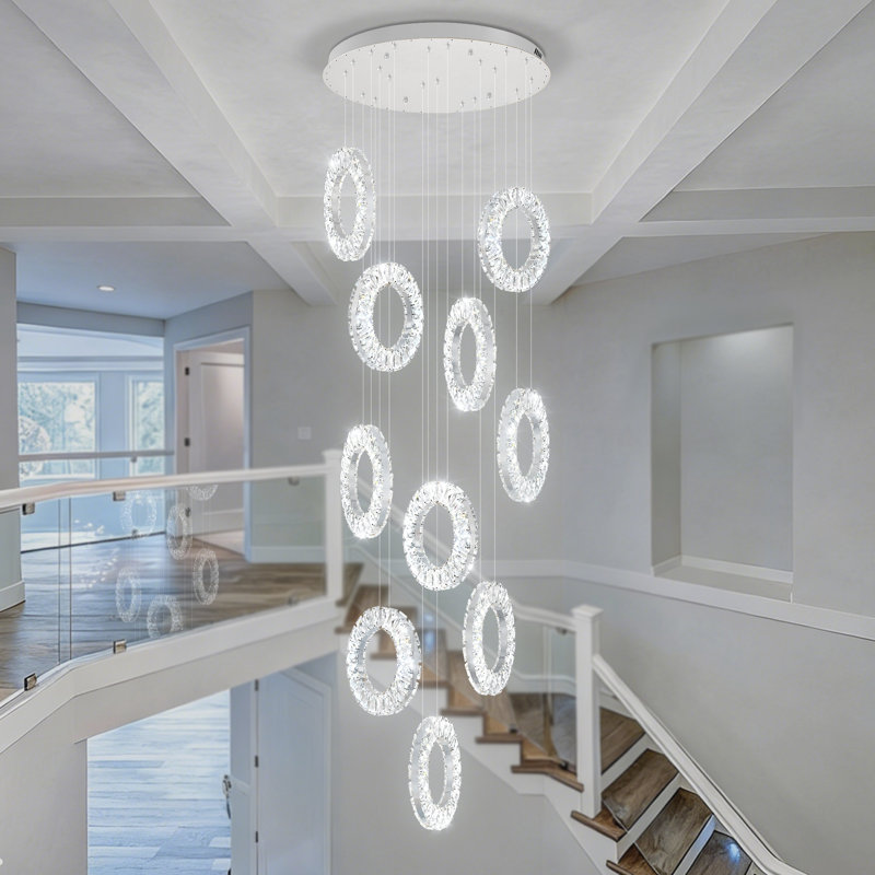 Lustre en cristal 10 lumières à anneaux de plafond hauts - Lustre glamour pour escalier