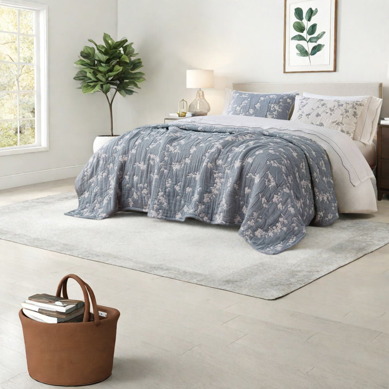 Premium Cotton King Bedding Sets, Jacquard Blue Quilt for Modern Home