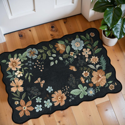 Floral Entryway Rug, 2X3 Washable Kitchen Rug Ultra-Thin, Non-Slip Soft Door Mat Indoor Entrance Stain Resistant Boho Small Low-Pile Throw Carpet For Bathroom Bedroom(2X3ft,Black/Grey)