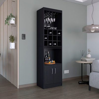 Armoire de bar moderne 71 pouces à 5 niveaux avec porte-verres à vin, armoire à vin, armoire à vin, 12 casiers à bouteilles, 5 tablettes et plateau coulissant